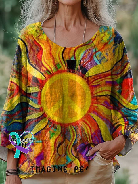 Women’s Retro Hippie Peace Sign Sun Love And Print Casual Cotton And Linen Shirt Multicolor / S