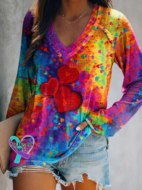 Women’s Retro Love and Peace Heart Rainbow Print V Neck Long Sleeve Tops Color / S