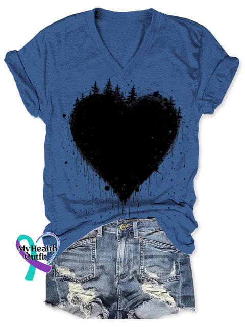Women’s Retro Love Heart Abstract Art V neck Casual T Shirt Blue / S