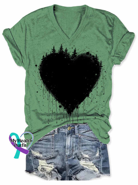 Women’s Retro Love Heart Abstract Art V neck Casual T Shirt Green / S