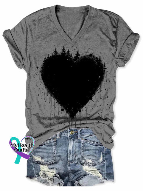 Women’s Retro Love Heart Abstract Art V neck Casual T Shirt Grey / S
