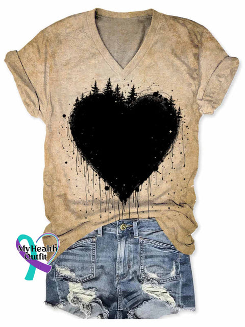 Women’s Retro Love Heart Abstract Art V neck Casual T Shirt Khaki / S