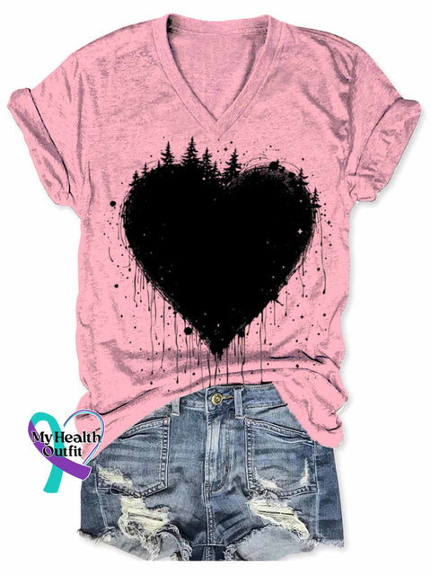 Women’s Retro Love Heart Abstract Art V neck Casual T Shirt Pink / S