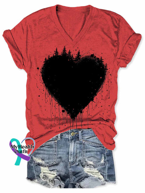Women’s Retro Love Heart Abstract Art V neck Casual T Shirt Red / S