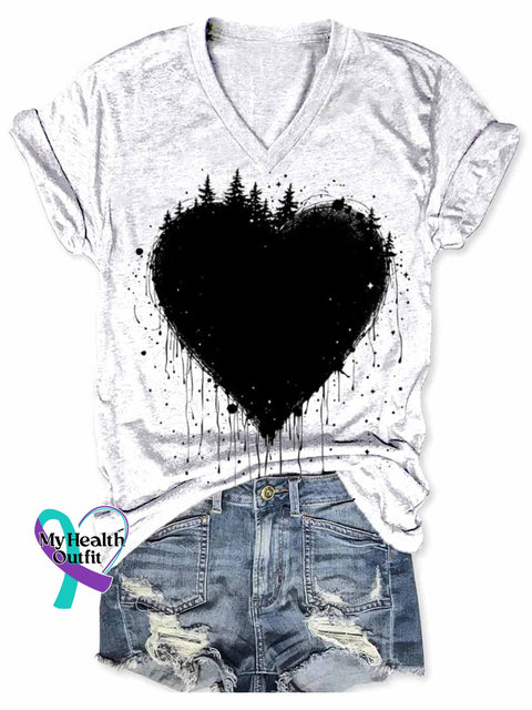 Women’s Retro Love Heart Abstract Art V neck Casual T Shirt White / S