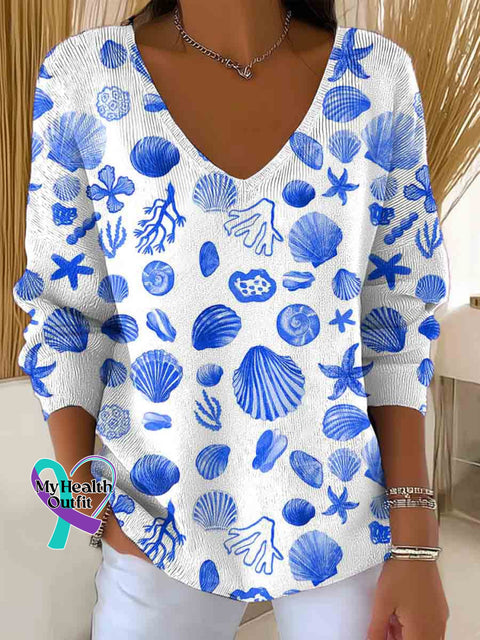 Women’s Retro Marine Flora And Fauna Art Casual Pullover Sweater Multicolor / S