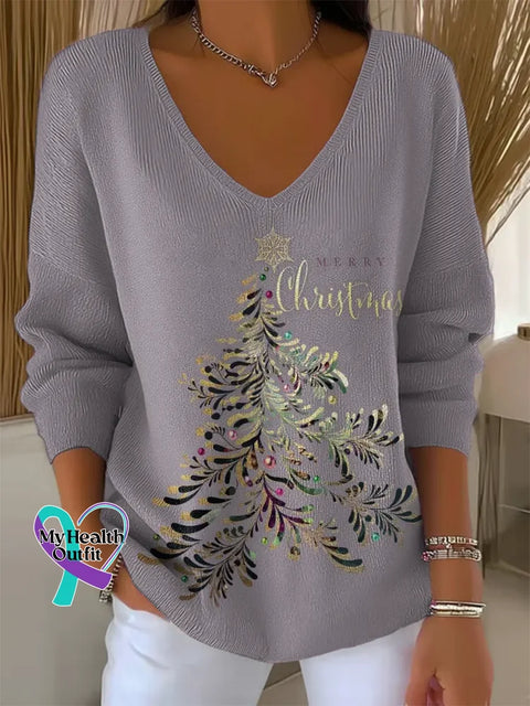 Women’s Retro Merry Christmas Christmas Tree Print V Neck Sweater Multicolor / S