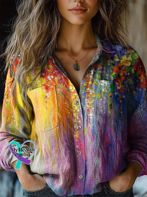 Women’s Retro Oil Painting Floral Print Casual Long Sleeve Comfortable Cotton Shirt Multicolor / S