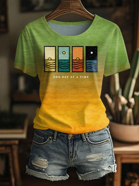 Women’s Retro One Day At A Time Print T-Shirt Yellow / S