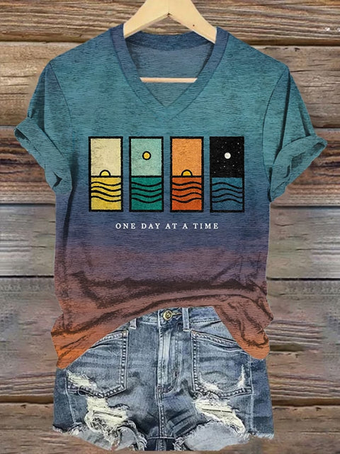 Women’s Retro One Day At A Time Print V-Neck T-Shirt Picture 1 / S