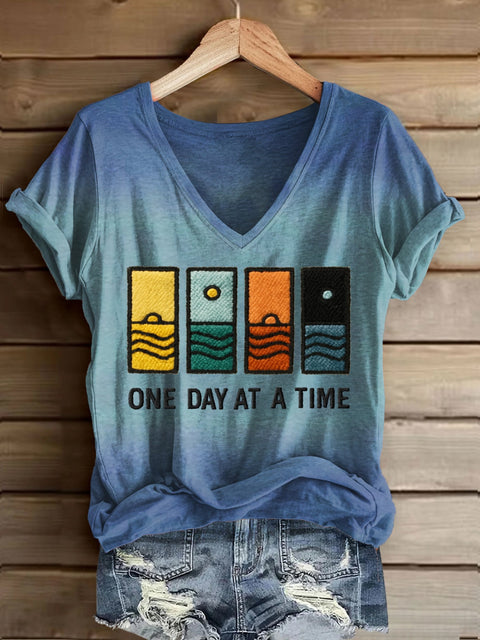 Women’s Retro One Day At A Time Printed Casual T-Shirt Blue / S
