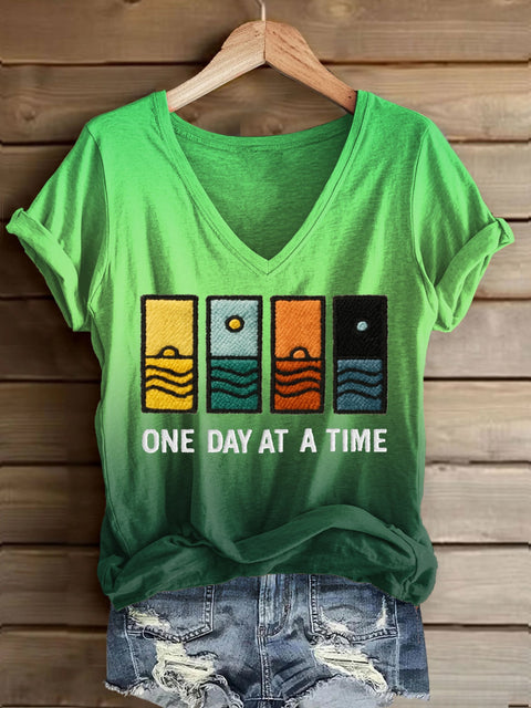 Women’s Retro One Day At A Time Printed Casual T-Shirt Green / S