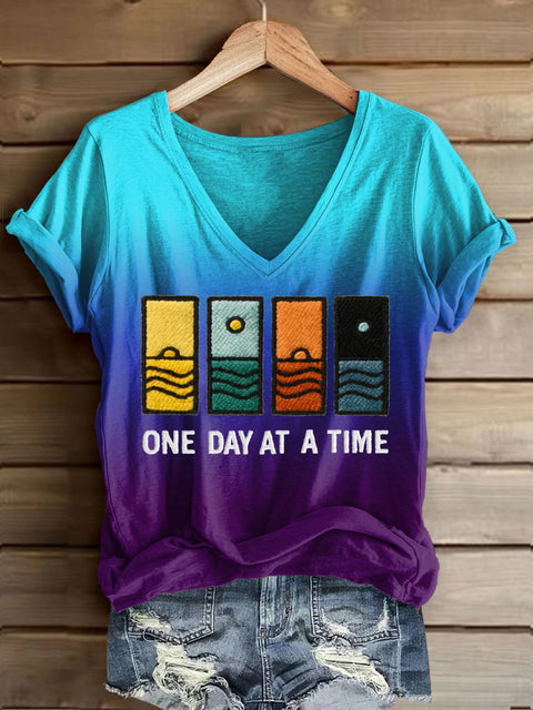 Women’s Retro One Day At A Time Printed Casual T-Shirt Purple / S