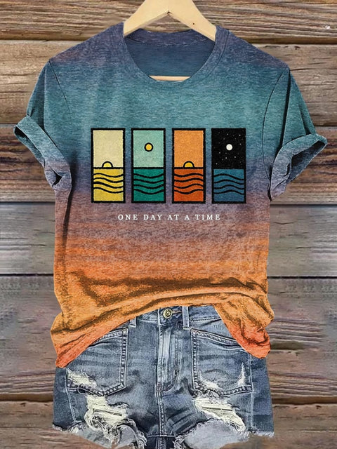 Women’s Retro One Day At A Time Printed Short-Sleeved T-Shirt Picture 1 / S