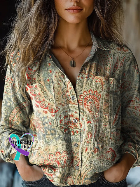 Women’s Retro Paisley Floral Print Casual Long Sleeve Comfortable Cotton Shirt Multicolor / S