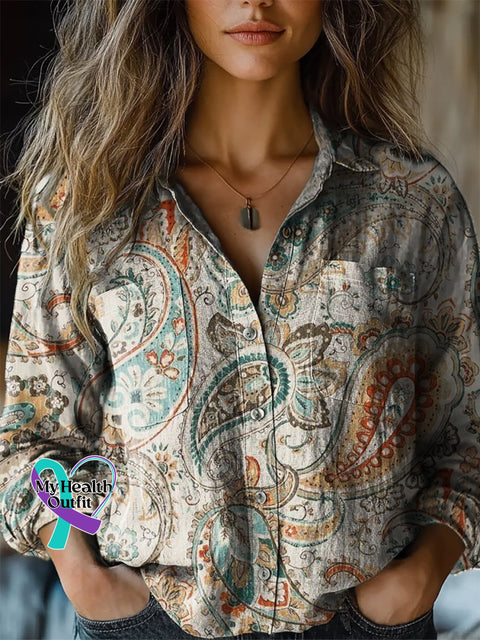 Women’s Retro Paisley Floral Print Casual Long Sleeve Comfortable Cotton Shirt Multicolor / S