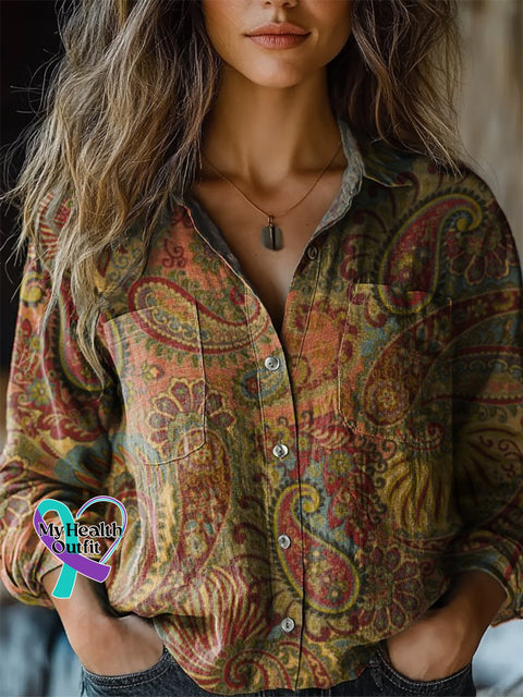 Women’s Retro Paisley Floral Print Casual Long Sleeve Comfortable Cotton Shirt Multicolor / S