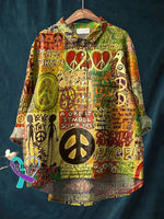Women’s Retro Peace And Love Art Print Cotton Linen Shirt Multicolor / S