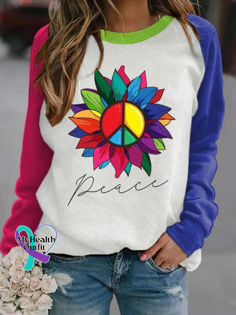 Women’s Retro Peace Love Floral Art Print Casual Long Sleeve Sweatshirt Multicolor / S
