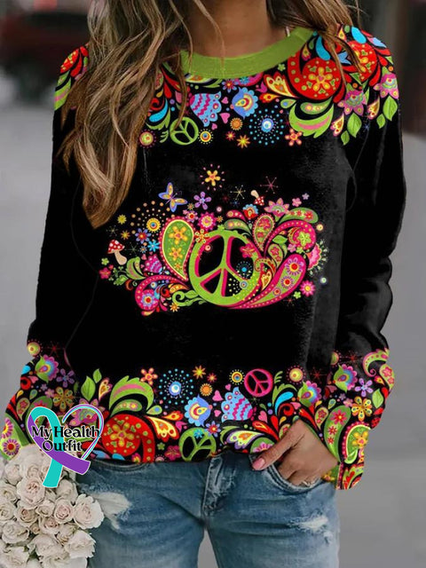 Women’s Retro Peace Love Floral Art Print Casual Long Sleeve Sweatshirt Multicolor / S