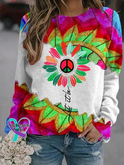 Women’s Retro Peace Love Floral Let It Be Art Print Casual Long Sleeve Sweatshirt Multicolor / S