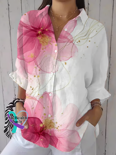 Women’s Retro Pink Art Floral Print Casual Cotton Shirt Multicolor / S