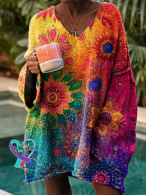 Women’s Retro Rainbow Floral Love And Peace Casual Pullover Sweater Multicolor / M