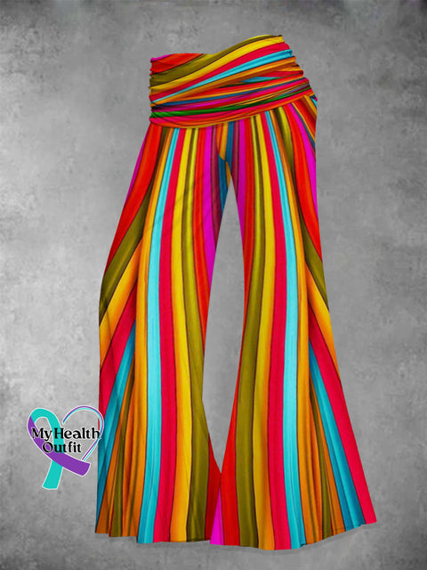 Women’s Retro Rainbow Stripe Art Print Wide Leg Pants Multicolor / S