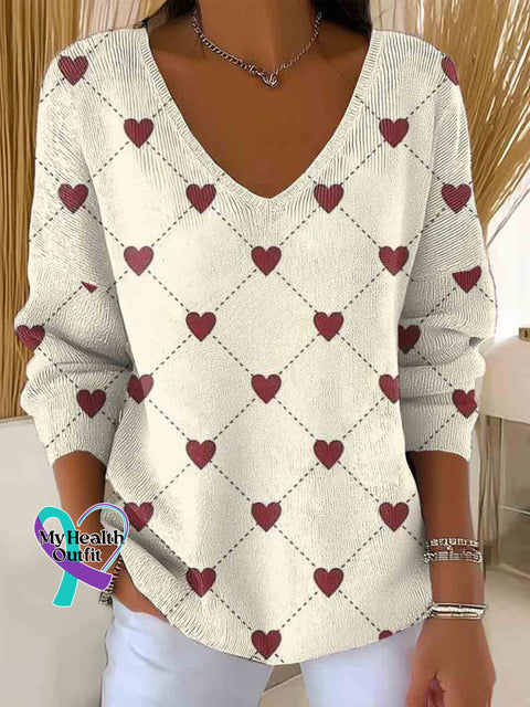 Women’s Retro Red Heart Art Casual Pullover Sweater Multicolor / S
