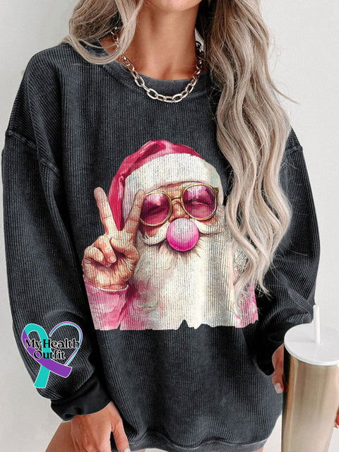 Women’s Retro Santa Christmas Blowing Bubble Casual Print Shirt Black / S