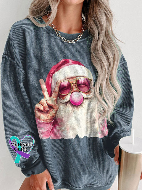 Women’s Retro Santa Christmas Blowing Bubble Casual Print Shirt Blue / S