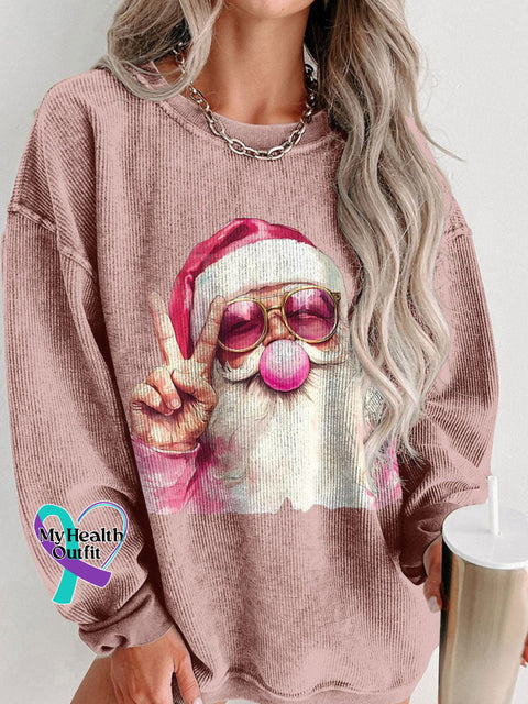 Women’s Retro Santa Christmas Blowing Bubble Casual Print Shirt Pink / S
