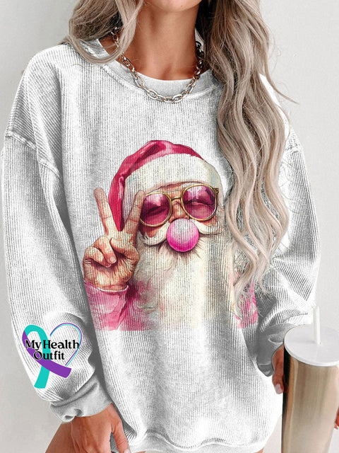 Women’s Retro Santa Christmas Blowing Bubble Casual Print Shirt White / S