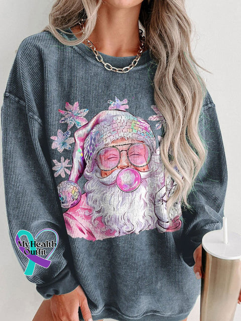 Women’s Retro Santa Christmas Blowing Bubble Funny With Sunglasses Casual Print Corduroy