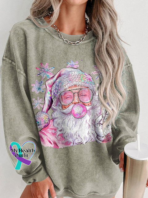 Women’s Retro Santa Christmas Blowing Bubble Funny With Sunglasses Casual Print Corduroy