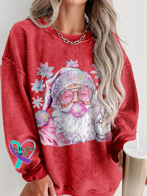 Women’s Retro Santa Christmas Blowing Bubble Funny With Sunglasses Casual Print Corduroy