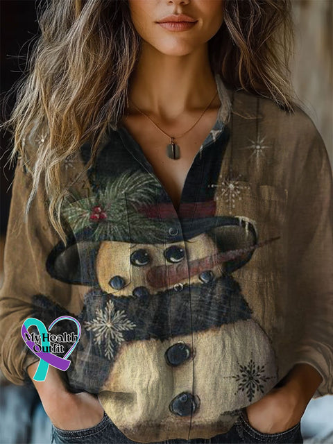 Women’s Retro Snowman Art Print Casual Long Sleeve Comfortable Cotton Shirt Multicolor / S