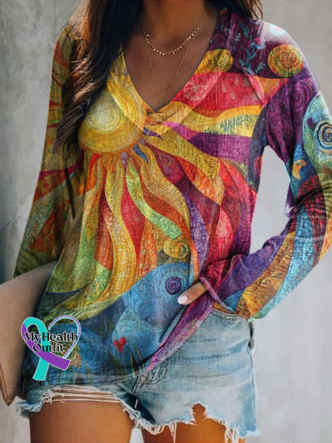 Women’s Retro Sun Floral Print Casual V Neck Long Sleeve Tops Multicolor / S