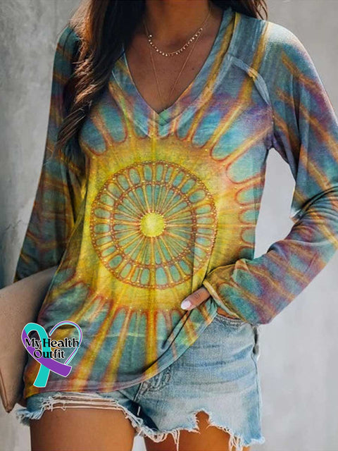 Women’s Retro Sun Print V Neck Long Sleeve Tops Color / S