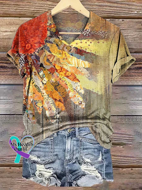 Women’s Retro Sunflower V-neck Casual T-Shirt Multicolor / S