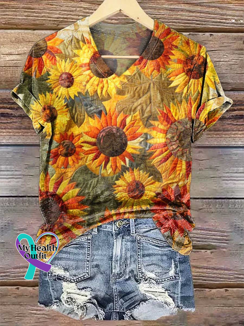 Women’s Retro Sunflower V-neck Casual T-Shirt Multicolor / S