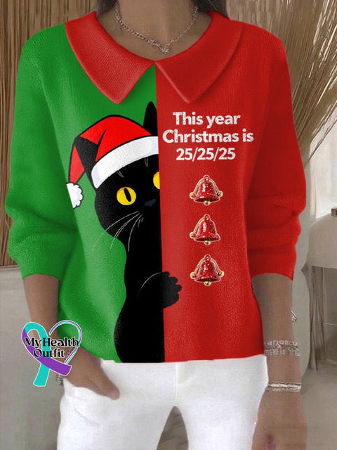 Women’s Retro This Christmas 25/25/25 In 2025 Years Print Casual Lapel Knit Top Picture 1 / S