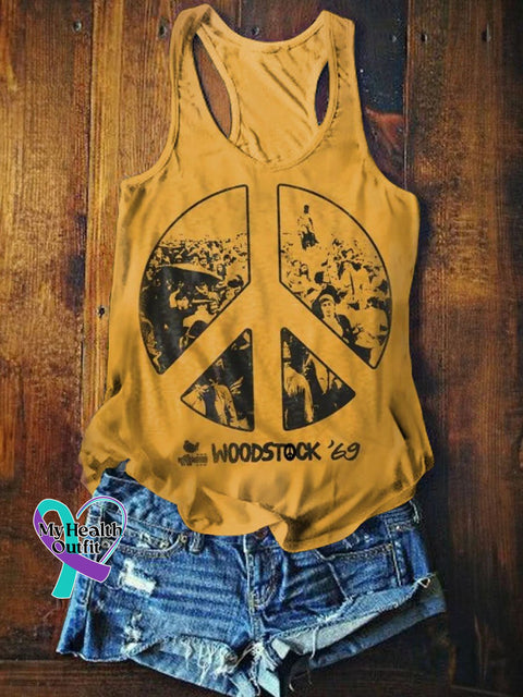 Women’s Retro Woodstock 1969 Peace Love Music Printed Tank Top Yellow / S