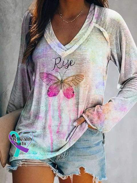Women’s Rise Butterfly Print Casual V Neck Long Sleeve Tops Multicolor / S