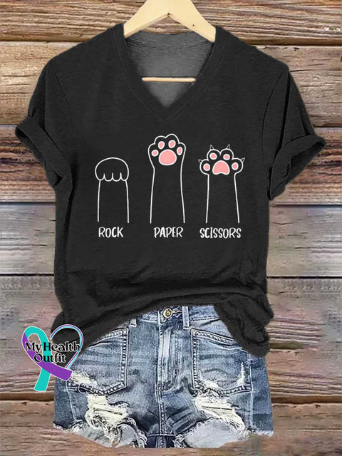 Women’s ROCK PAPER SCISSORS V-neck Casual T-Shirt Black / S