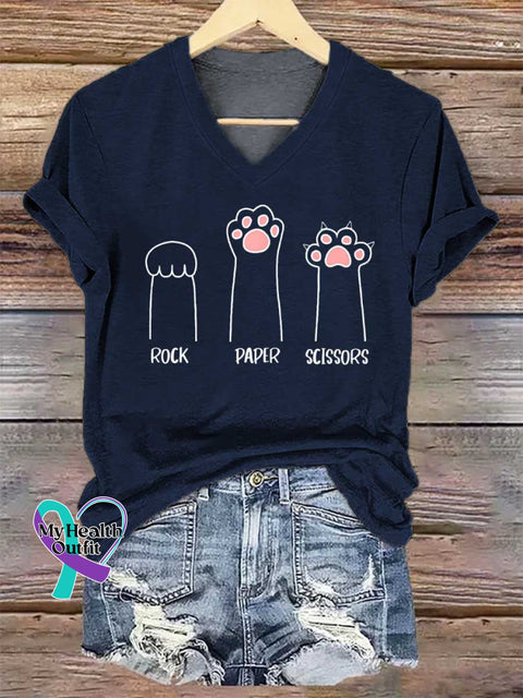 Women’s ROCK PAPER SCISSORS V-neck Casual T-Shirt Blue / S
