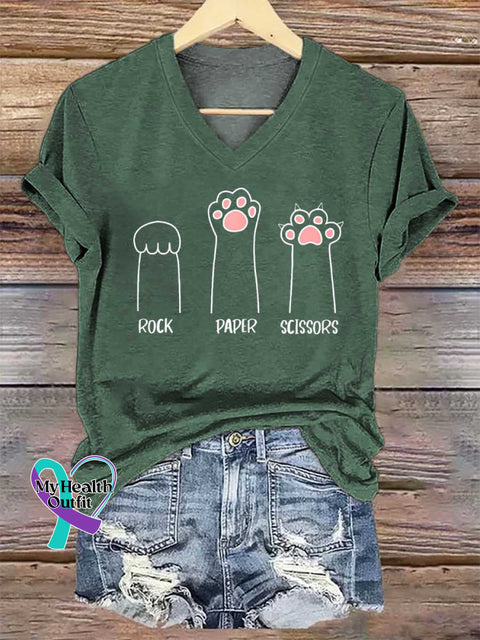 Women’s ROCK PAPER SCISSORS V-neck Casual T-Shirt Green / S