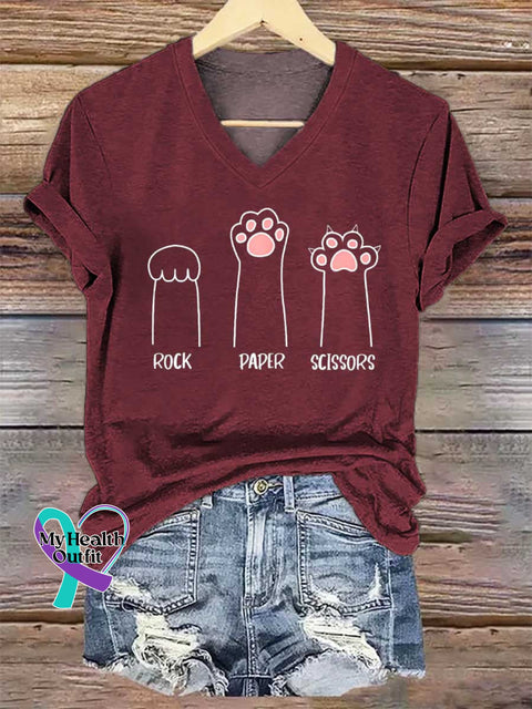 Women’s ROCK PAPER SCISSORS V-neck Casual T-Shirt Red / S