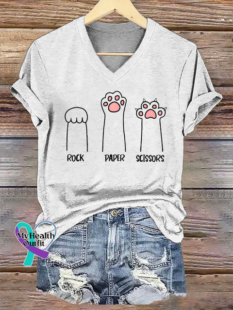 Women’s ROCK PAPER SCISSORS V-neck Casual T-Shirt White / S