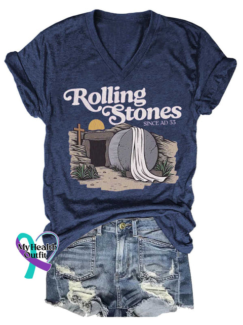 Women’s Rolling Stones SINCE AD 33 V-neck Casual T-Shirt Blue / S